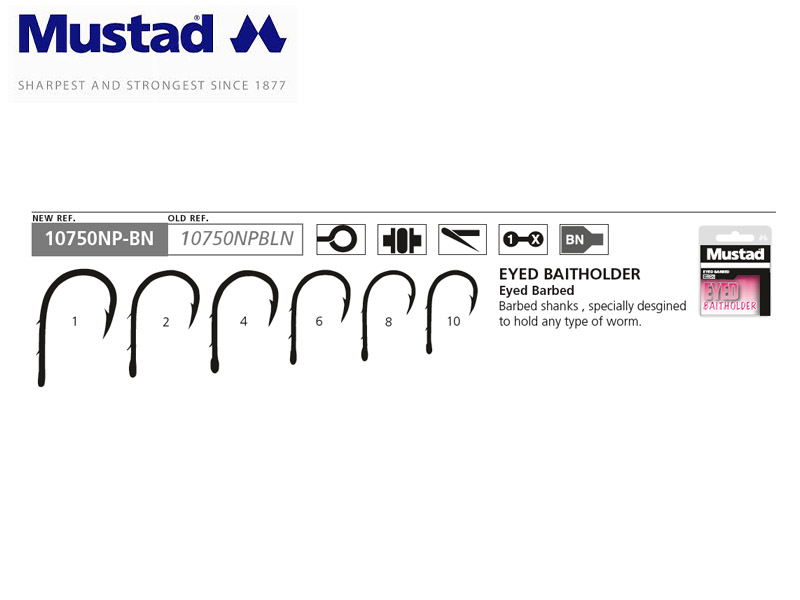 Mustad 10750NP-BN Eyed Baitholder Hooks (Model: Eyed Barbed, Color: Black, Size:10)