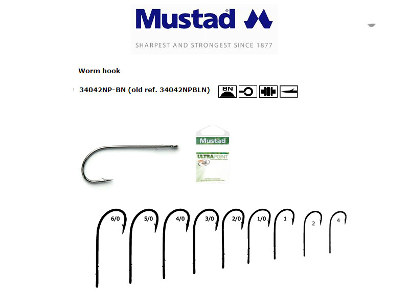 Mustad 34042NPBLN Worm Hooks (Size: 1, Pack: 14)