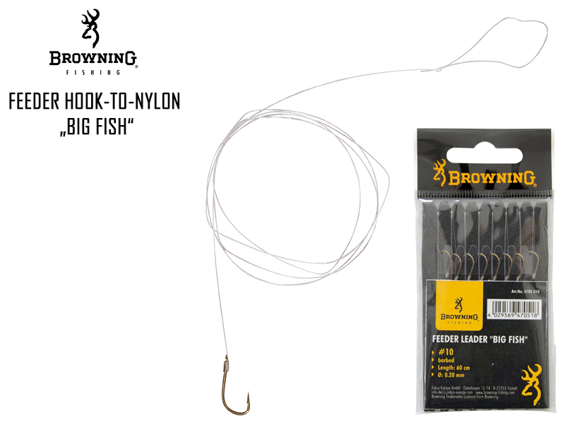 Browining Feeder hook-to-nylon „Big Fish“ (Size:10, Ø:0.20mm, Length:60cm)