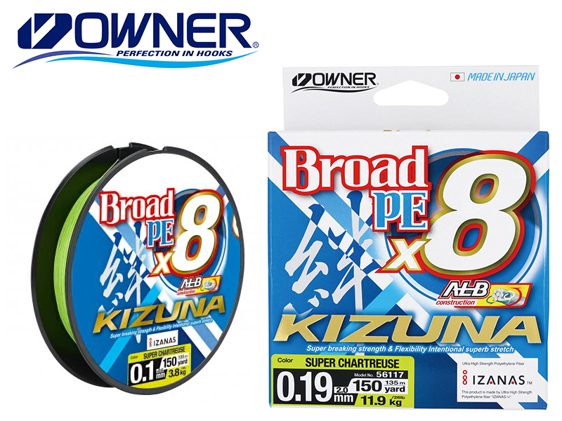 Owner Broad PE X8 Kizuna 135mt ( P.E: 0.6/0.10mm, Strength: 4.1kg/9lb, Color: Super Chartreuse)
