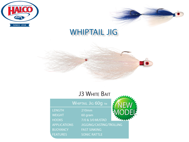 Halco Whiptail Jig 60 (Length: 210mm, Weight: 60gr, Color: J3 White Bait)